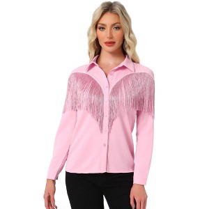 INSPIRE CHIC Women's Fringe Long Sleeve Button Down Disco Party Shirts - 1 of 4