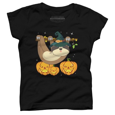 Girl's Design By Humans Funny Witch Sloth With Jack O Lantern Halloween T-Shirt By thebeardstudio T-Shirt
