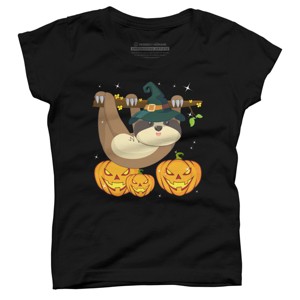 Girl's Design By Humans Funny Witch Sloth With Jack O Lantern Halloween T-Shirt By thebeardstudio T-Shirt - 1 of 3