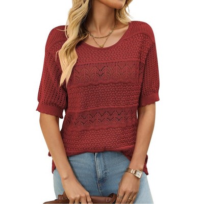 Coolmee Womens Summer Tops Casual Crewneck Half Sleeve Crochet Hollow Out Knit Pullover Sweater Shirts