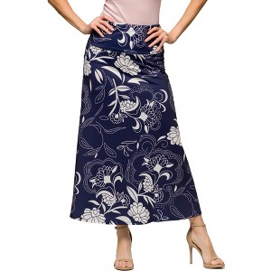 24seven Comfort Apparel Womens Navy Floral Print Elastic Waist A Line Maxi Skirt - 1 of 4