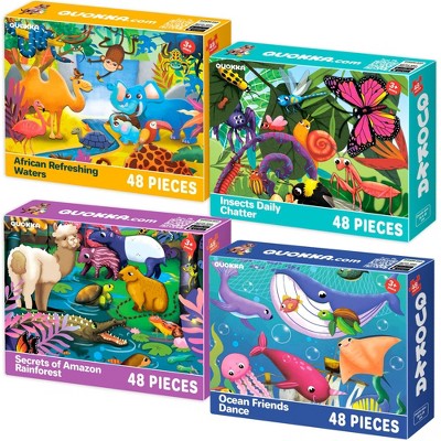 QUOKKA 48 Pieces Jigsaw Puzzles for Kids 3 4 5 – Learning Insects, African, Amazonian and Ocean Animals