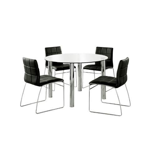 5pc Aneston Glass Top Chrome Leg Round, Round Black Glass Dining Table Set