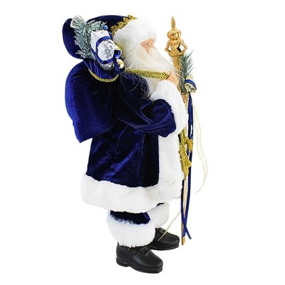 18-Inch Navy and Gold Resin Santa Figurine with Staff