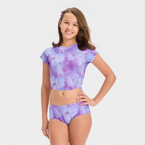 Girls Cap Sleeve Rashguard Set with Ruffled Bikini Bottom - Tiare Lila –  CooliesSurf