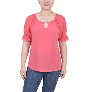 NY Collection Womens Short Ruffle Sleeve Rhinestone Keyhole Knit Blouse - 1 of 1