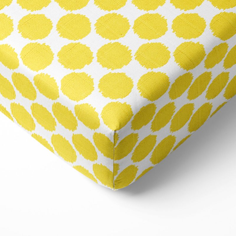 Bacati - Ikat Yellow Dots Muslin 100 percent Cotton Universal Baby US Standard Crib or Toddler Bed Fitted Sheet, 1 of 6