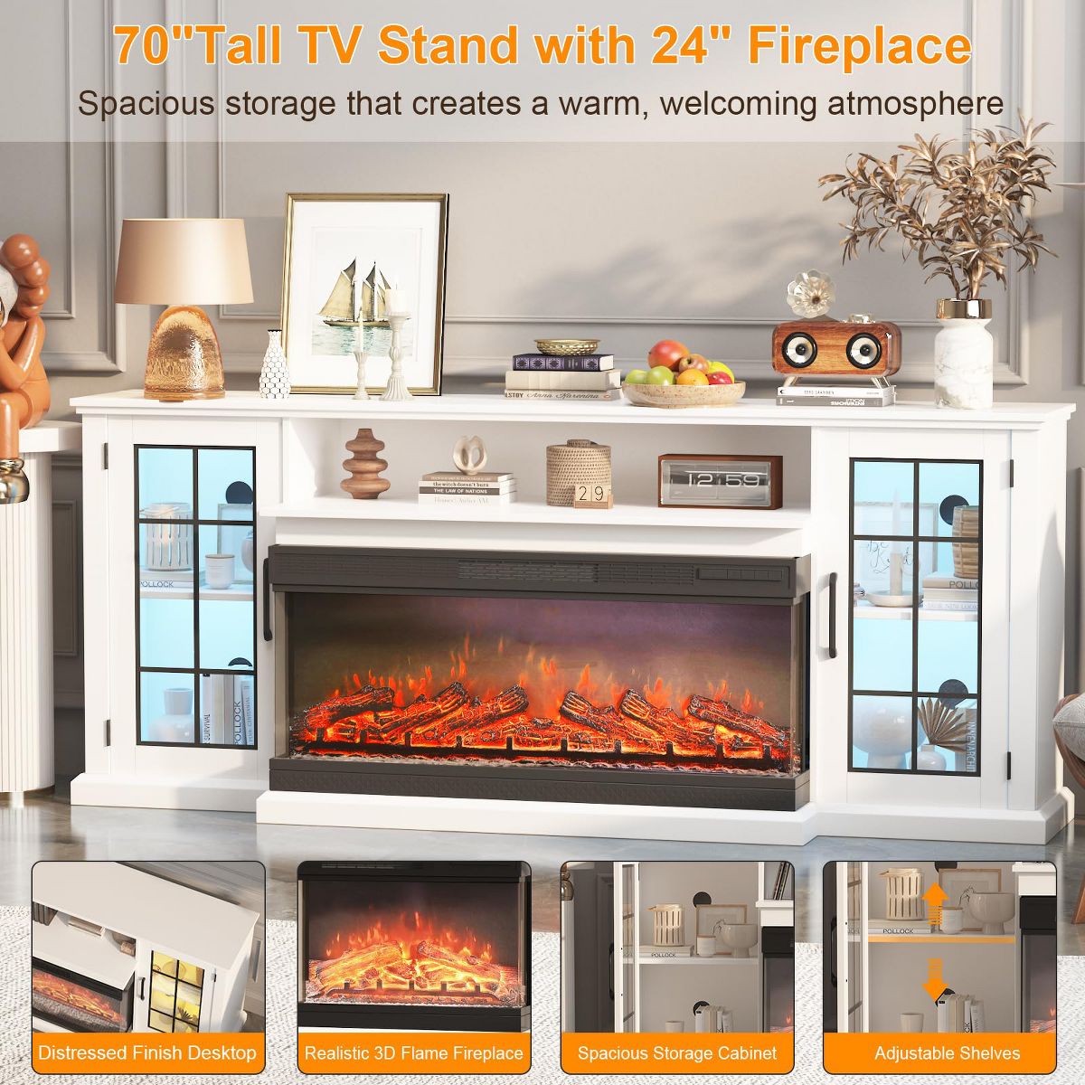 40 in Electric Fireplace & 75 in TV Stand with 12-Color LED Flame and 3 Brightness Modes, Spacious Two-Tier Design - thumbnail 4