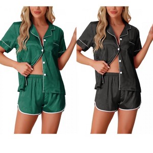 INSPIRE CHIC Women's 2 Pcs Satin Pajamas Silky Short Sleeve Button Down Pajama Sets - 1 of 4