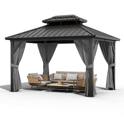 Outdoor Galvanised Steel Hardtop Gazebo, Heavy Duty Double Roof Outdoor Gazebo with Netting and Sunshade Curtains, Aluminium Framed Gazebo for Patio