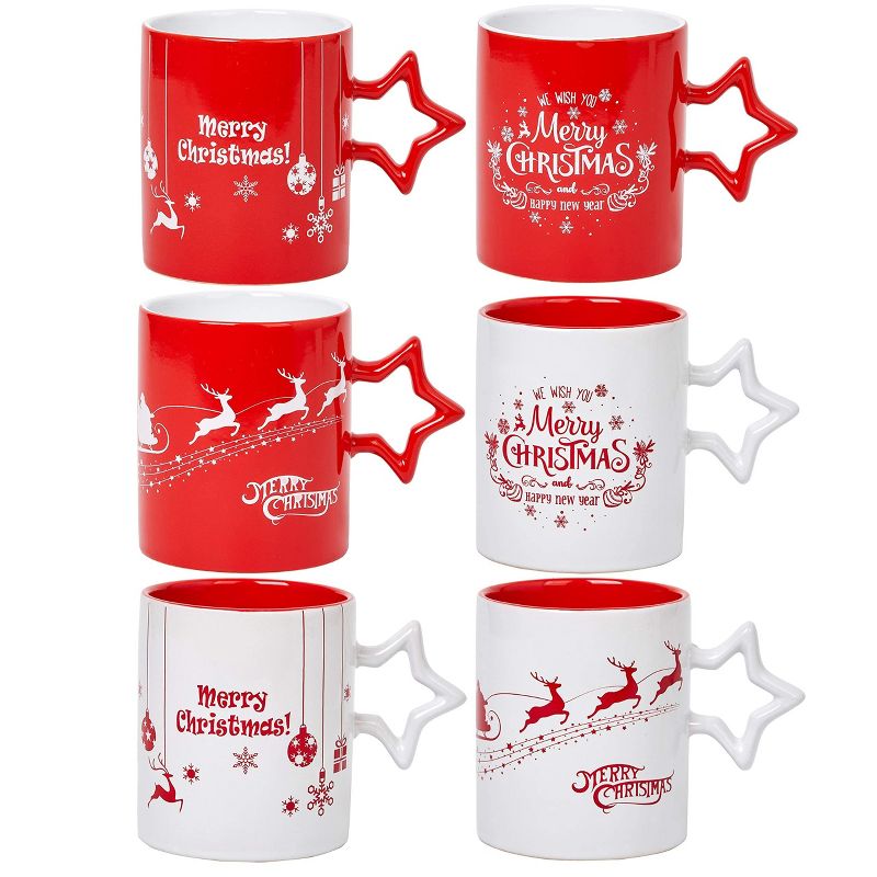 Bruntmor 14 Oz Christmas Coffee Mug with Star Handle Set of 6, Red, 3 of 8