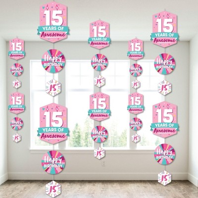 Big Dot of Happiness Girl 15th Birthday - Teen Birthday Party DIY Dangler Backdrop - Hanging Vertical Decorations - 30 Pieces