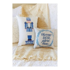 Manual Woodworkers & Weavers Christmas Accent Pillow – Blue & White Faith-Themed Climaweave 12x12 - 1 of 3