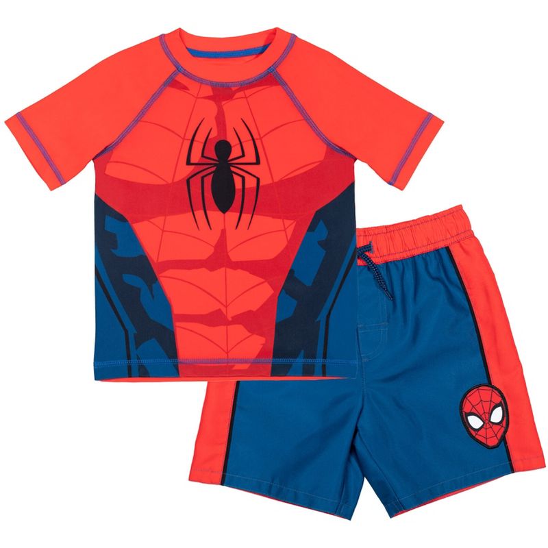 Marvel Avengers Spider-Man Captain America Hulk Iron Man Pullover Rash Guard & Swim Trunks Outfit Set Toddler to Big Kid, 1 of 8