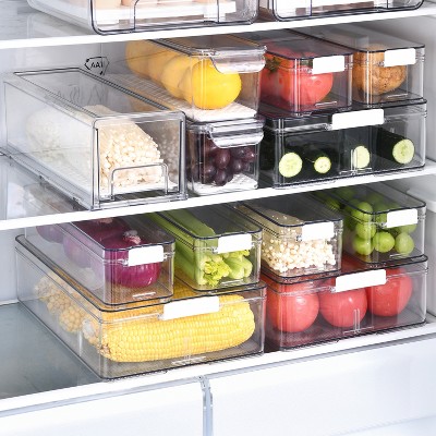 SharpChef 4PK Stackable Kitchen Pantry Storage BIn, Removable Drainage Tray for Fruit & Vegetables, Clear Acrylic Organizer Bins with Handles — фото 4