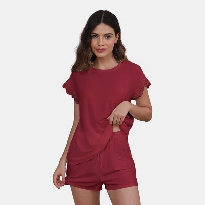 Women's Lace Short Sleeve Pajama Top & Drawstring Pajama Shorts  - Cupshe