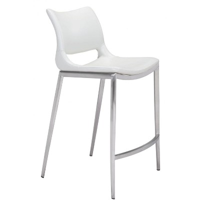 Zuo Modern Ace Counter Stool Set of 2, 37.2" H, White Faux Leather, Brushed Stainless Steel Frame, Modern Design