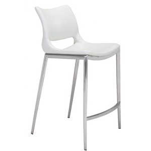 Zuo Modern Ace Counter Stool Set of 2, 37.2" H, White Faux Leather, Brushed Stainless Steel Frame, Modern Design - 1 of 4