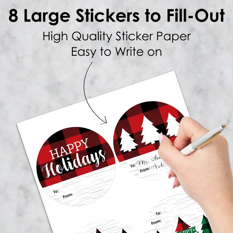 Big Dot of Happiness Holiday Plaid Trees - Round Buffalo Plaid Christmas Party To and From Gift Tags - Large Stickers - Set of 8, 5 of 8