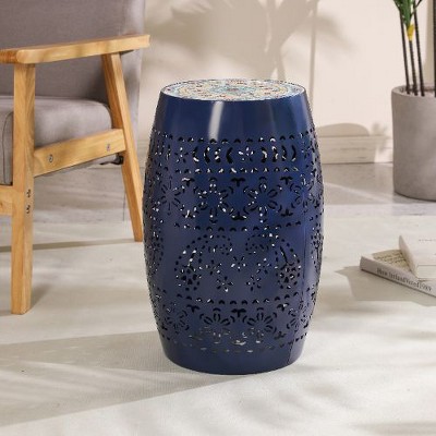 Mosaic Patio Side Table with Roman-patterned Ceramic Tile Top and Iron Frame, Outdoor End Table for Patio -Christopher Knight Home