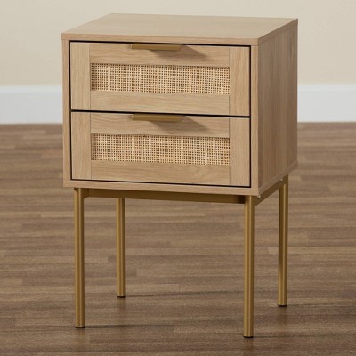 Japandi Light Brown Wood and Gold Metal 2-Drawer End Table with Rattan Fronts
