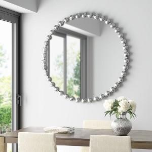 Wooakway 36" D Modern Beaded Round Wall Mirror with Metal Frame & Wood Back Panel Keyhole hanger Indoor Silver - 1 of 4