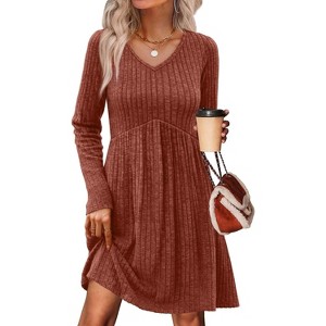 Long Sleeve V-Neck Sweater Dress 2025, Women's Empire Waist Babydoll Fall Dress with Pockets Caramel - 1 of 4