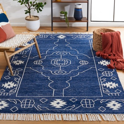Navy and Ivory Synthetic Flat Woven 6' x 9' Area Rug