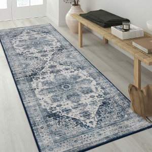 Vintage Persian Distressed Area Rug Washable Medallion Print Carpet, 2' x 6' Blue - 1 of 4
