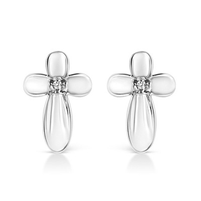 Haus of Brilliance Silver Prong Set Diamond Accent Floral Cross Stud Earring