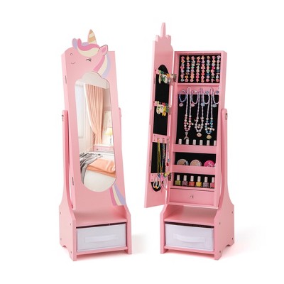 Tangkula Kids Jewelry Cabinet w/ Full-Length Mirror 2 Adjustable Tilt Angles Drawer Pink