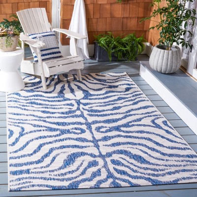 Ivory and Navy Square Stain-Resistant Cotton Outdoor Rug