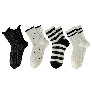 Anna-Kaci 4 Pairs Women's Crew Socks with Black and White Patterns Soft Cotton Texture Heart and Stripe for Flats and Dress Shoes - 1 of 4