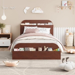 Twin Size Bed Frame, Wooden Beds with Storage Headboard and Raised-Foodboard for Kid, Low Platform Bed for Bedroom, Sturdy Wooden Slats Support - 1 of 4