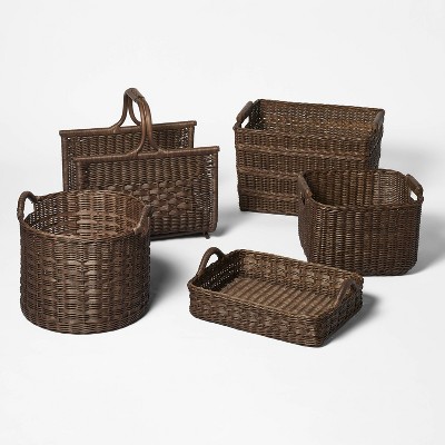 Dark Brown Rectangular Rattan Tray with Leather Handles