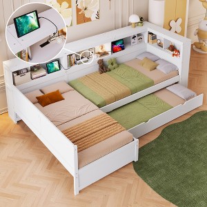 Twin Size L-Shaped Platform Bed with Trundle and a Drawer for Bedroom or Apartment - 1 of 4