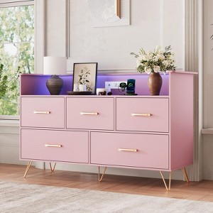 5 Drawer Dresser for Bedroom, 47 in Modern Wooden Dresser with LED Lights & Charging Station - 1 of 4