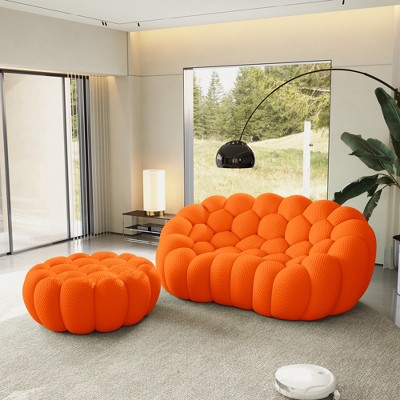 WJSHome Loveseat Bubble Sofa with Ottoman, Curved Couch, Comfy Upholstered Sofa, Mesh Fabric 3D Honeycomb Shape Modern Couch