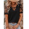 Amaryllis Women’s Mesh Floral Sleeve V-Neck Top Sheer Puff Short Sleeve Embroidered Detail- X Large ,Black - 3 of 4