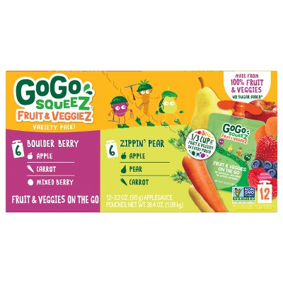 GoGo squeeZ Fruit & veggieZ Applesauce and Puree Variety Pack, Boulder Berry and Zippin' Pear - 3.2oz/12ct