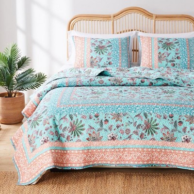 Turquoise Floral Cotton Polyester Standard Pillow Sham