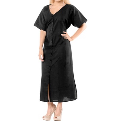 LA LEELA Women's Dress Summer Holiday Swimwear Bathing Suit Button Down Cover ups Beach Long Shirts Large-X-Large Black, Solid