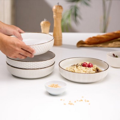 Cream and Copper Embossed Ceramic Pasta Bowls, 40 oz, Set of 4