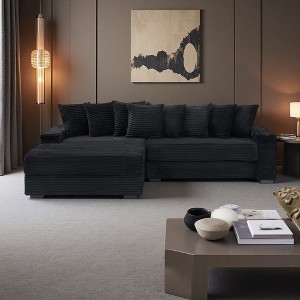 111.4" Corduroy L-Shaped 3-Seater Sectional Sofa with 8 Pillows - 1 of 4