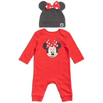Disney Minnie Mouse Newborn Baby Girls Snap Cosplay Coverall and Hat Red / Black Newborn