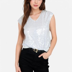 Anna-Kaci Women's Sequin V-Neck Top with Cap Sleeves and Relaxed Fit - 1 of 4