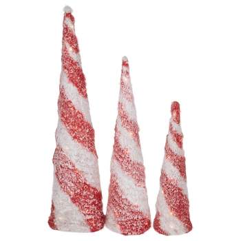 Northlight Set of 3 LED Lighted Snowy Candy Cane Striped Christmas Cone Trees 3.25'