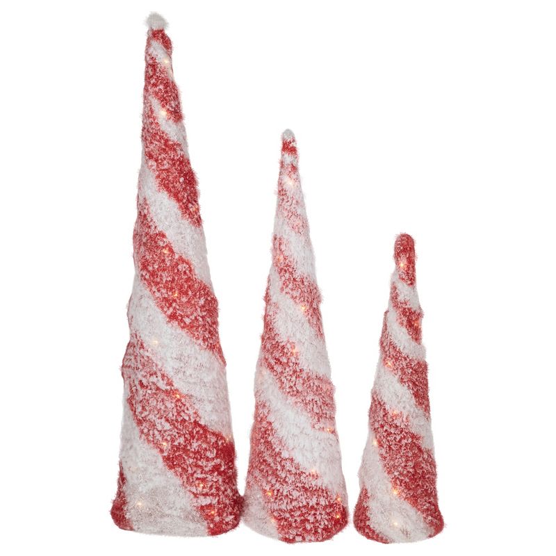 Northlight Set of 3 LED Lighted Snowy Candy Cane Striped Christmas Cone Trees 3.25', 1 of 7