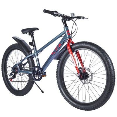 Aukfa 24" Fat Tire Mountain Bike for Kids 10+ - 7-Speed, Dual Disc Brakes, Steel Frame, All-Terrain Bike for Snow, Sand and Trails
