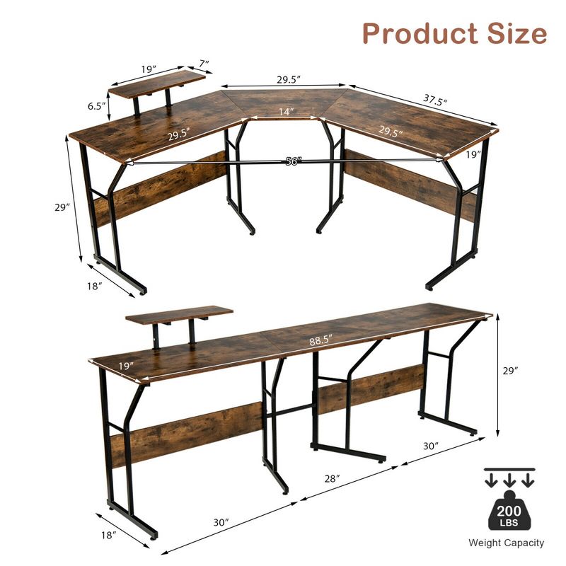 Costway 88.5'' L Shaped Reversible Computer Desk 2 Person Long Table Monitor Stand, 3 of 11